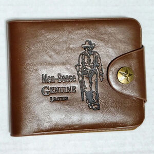 Brown Bifold Leather Wallet Cowboy Etched Front Side Compartmental Snap Closure